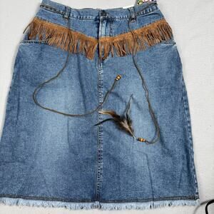 Western Fringe Denim Skirt Boho Y2K Festival Cowgirl Raw Hem M You & Me NWT**